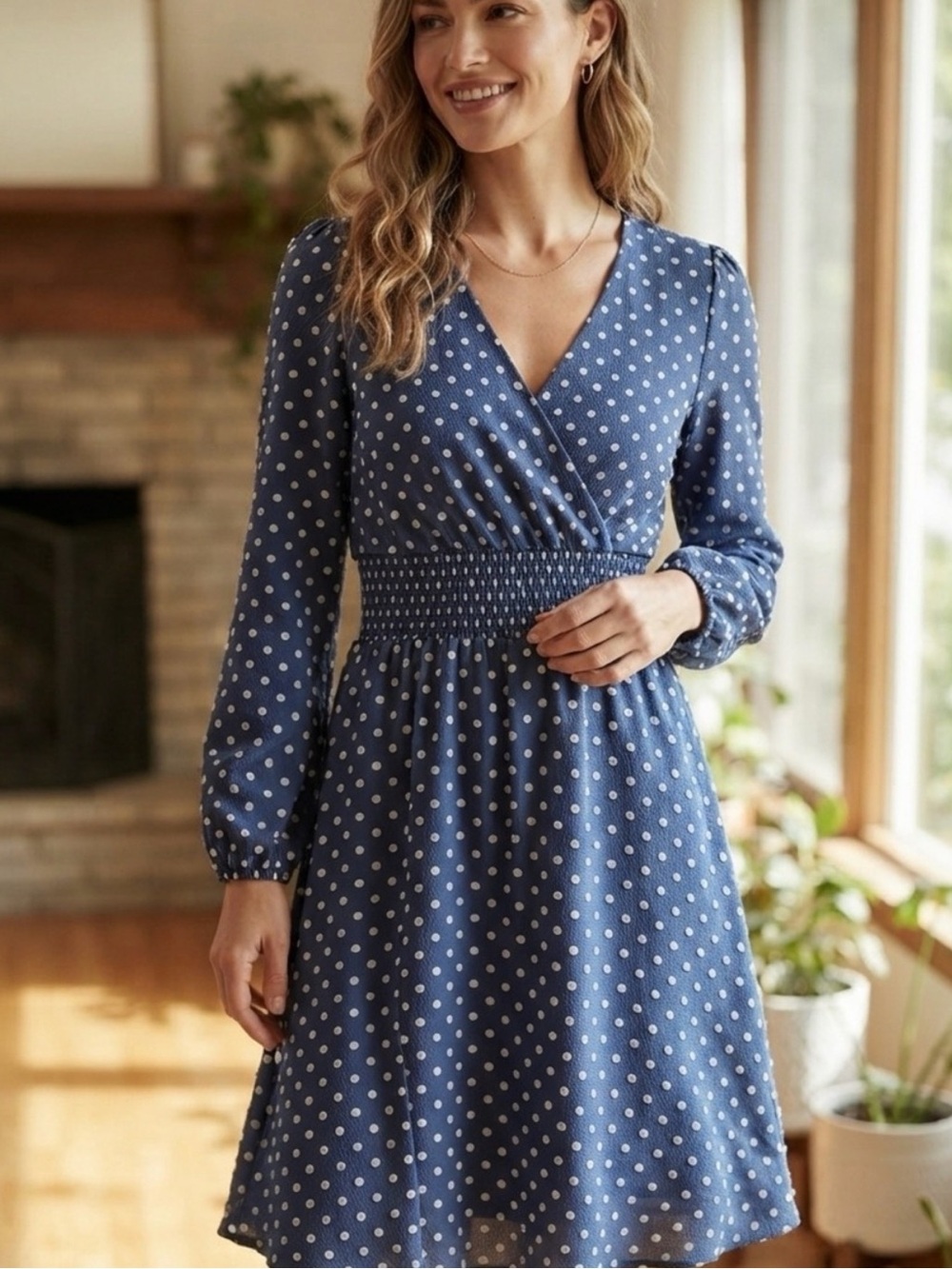 Draper James RSVP mock wrap, smocked waist, midi dress.